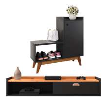 Kit Quarto Sapateira Shoes Preto Banquinho Pés Madeira Rack Suspenso Home Decor Sala Decoração Casa Preto/Cinamomo - RPM Móveis