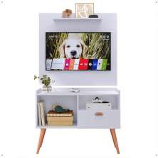Kit Sala Estar Completa Painel Tv 32 Polegadas Prateleira Suspensa Rack Retrô 1 Porta Puxador Concha Branco - Lojas RPM