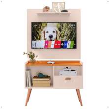 Kit Sala Estar Completa Painel Tv 32 Polegadas Prateleira Suspensa Rack Retrô 1 Porta Puxador Concha Off White/Cinamomo - Lojas RPM