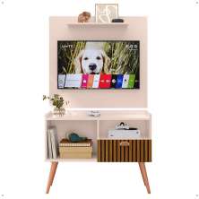 Kit Sala Estar Completa Painel Tv 32 Polegadas Prateleira Suspensa Rack Retrô 1 Porta Puxador Concha Off White/Ripado - Lojas RPM