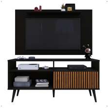 Rack Bancada Estante Painel TV Smart 48 Polegadas Home Pequeno Nicho Porta Correr Pés Palito Retrô Sala Quarto Samba Preto/Ripado - RPM