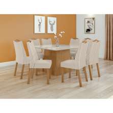 Conjunto de Mesa de Jantar Quadrada com Tampo de Vidro Off White e 8 Cadeiras Nevada Linho Bege e Amêndoa