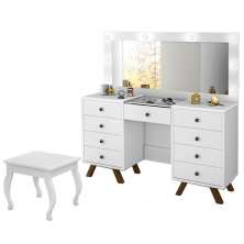 Penteadeira com Porta Joias 9 Gavetas e Banqueta Cristal Branco