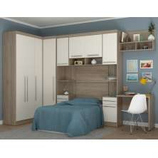 Guarda Roupa Dormitório Modulado Master Solteiro Canto c/ Mesa Escrivaninha Nicho - Avelã Rústico e Areia - Luciane M03