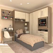 Guarda Roupa Dormitório Modulado Master Solteiro Canto c/ Painel p/ TV Mesa Escrivaninha c/ Nicho - Roupeiro Luciane M04