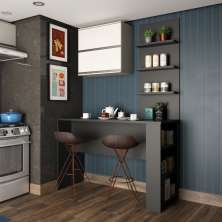 Kit Bancada Mesa Gourmet Cozinha Preta c/ Painel e Armário Basculante Legno Crema e Linho - Luciane M01