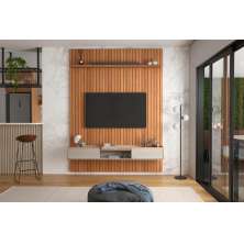 Conj. Painel Mendonza Frisado C/ Prateleira - Jequitiba + Bancada Gália 1.9 2 Gaveteiros - Jequitiba/Off White