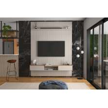 Conj. Painel Mendonza Frisado C/ Prateleira - Off White + Bancada Gália 1.9 2 Gaveteiros - Off White/Jequitiba