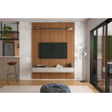 Conj. Painel Oslo Frisado C/ Prateleira - Jequitiba + Bancada Bali 1.9 3 Gaveteiros - Off White