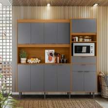 Cozinha Atlantis 11 Armários 2 Gavetas C/ Espaço Para Microondas E Utilidadess  - Jequitiba/Cinza