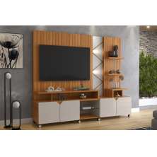 Home Cross Frisado Painel P/ Tvs Até 55'' C/ 4 Portas E Prateleiras P/ Decoração - Jequitiba/Off White Perolizado