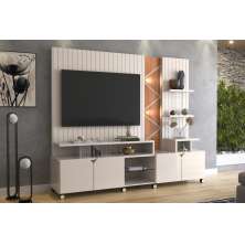 Home Cross Frisado Painel P/ Tvs Até 55'' C/ 4 Portas E Prateleiras P/ Decoração - Off White Perolizado/Jequitiba