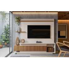 Home Istambul Painel P/ Tvs Até 65'' 2 Portas Nichos E Prateleiras - Off White Perolizado/Jequitiba Ripado