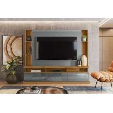Painel Home Bilbao 2024 P/ Tvs Até 70" 3 Portas E Prateleiras P/ Itens  - Jequitiba/Cinza Perolizado