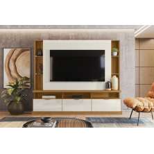Painel Home Vigo 2024 P/ Tvs Até 70" 3 Portas E Prateleiras P/ Itens  - Jequitiba/Off White Perolizado