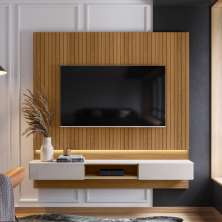 Painel Roma P/ Tvs Até 70" C/ Bancada 2 Gavetas Suporte P/ Decoração - Freijo Ripado/Off White Perolizado