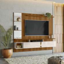 Painel Vega P/ Tvs Até 55''  C/ Gaveteiros E Prateleiras Suporte Para Itens - Freijo Ripado/Off White Perolizado