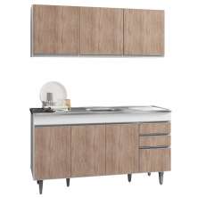 Armário Aéreo Argélia e Balcão Gabinete com Pia Inox Marrocos 150cm Branco/Castanho - Lumil