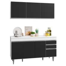 Armário Aéreo Argélia e Balcão Gabinete de Pia com Tampo Marrocos 150cm Branco/Preto - Lumil