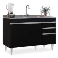 Balcão Gabinete para Pia 120cm sem Tampo 3 Portas 2 Gavetas Michigan Preto - Lumil Móveis