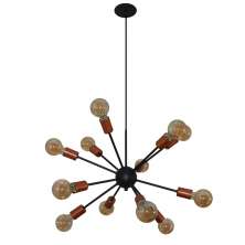 Lustre Luminária Pendente com 12 Hastes Modelo Sputinik - Ideal para Mesa Jantar, Sala, Quarto - Cor Preto com Cobre