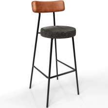 Banqueta Alta Bar Cozinha Sala De Jantar Milão L02 Couríssimo Camel Linho Chumbo - Lyam Decor