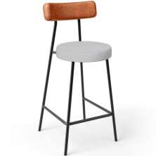 Banqueta Baixa Bar Cozinha Sala De Jantar Milão L02 Couríssimo Camel Linho Cinza  - Lyam Decor
