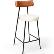 Banqueta Baixa Cozinha Sala Jantar Bancada Milão L02 Couríssimo Camel Linho Cru  - Lyam Decor