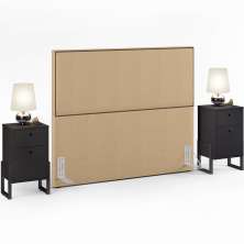 Cabeceira Box King Vicenza 195 Linho Bege Escuro L02 E 2 Mesas De Cabeceira Work Preto - Lyam Decor