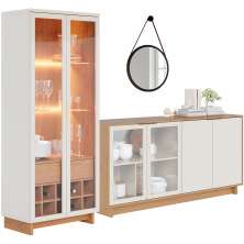 Conjunto Buffet Áustria Espelho Adnet Preto e Cristaleira Malibu C04 Freijó Off White - Lyam Decor