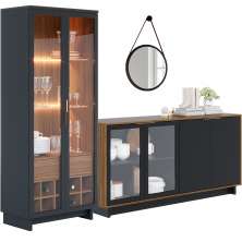 Conjunto Buffet Áustria Espelho Adnet Preto e Cristaleira Malibu C04 Preto Noce Milano - Lyam Decor