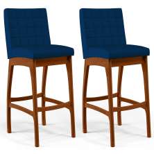 Kit 02 Banquetas Altas Para Cozinha Sala de Jantar Fixa Mila B04 Suede Azul Marinho - Lyam Decor