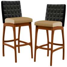 Kit 02 Banquetas Altas Sala De Jantar Fixa Mila L02 Couríssimo Preto Linho Bege Escuro - Lyam Decor