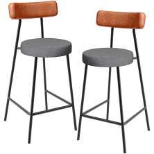 Kit 02 Banquetas Baixa Cozinha Jantar Milão L02 Couríssimo Camel Linho Cinza Escuro - Lyam Decor