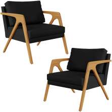 Kit 02 Poltrona Decorativa Para Sala Pietra Estrutura De Madeira L02 Corano Preto - Lyam Decor
