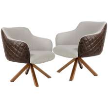 Kit 02 Poltronas Base Giratória Madeira Jade D02 Linho Bege C-107 Tressê Corano Marrom - Lyam Decor