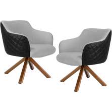 Kit 02 Poltronas Base Giratória Madeira Jade D02 Linho Cinza C-315 Tressê Corano Preto - Lyam Decor