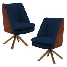 Kit 02 Poltronas Base Giratória Pérsia D02 Veludo Azul Marinho C-304 Corano Marrom B-38 - Lyam Decor