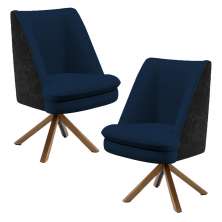 Kit 02 Poltronas Base Giratória Pérsia D02 Veludo Azul Marinho C-304 Corano Preto B-97 - Lyam Decor