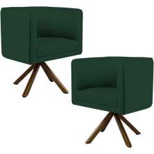 Kit 02 Poltronas Decorativa Base Giratória Madeira Betina D02 Linho Verde Musgo C-117 - Lyam Decor