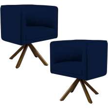 Kit 02 Poltronas Decorativa Base Giratória Madeira Betina D02 Veludo Azul Oxford B-304 - Lyam Decor
