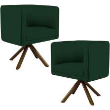 Kit 02 Poltronas Decorativa Base Giratória Madeira Betina D02 Veludo Verde Musgo B-303 - Lyam Decor