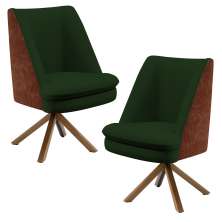 Kit 02 Poltronas Decorativa Base Giratória Pérsia D02 Linho Verde Musgo C-117 Corano Marrom B38 - Lyam Decor