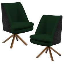 Kit 02 Poltronas Decorativa Base Giratória Pérsia D02 Veludo Verde Musgo C-303 Corano Preto B97 - Lyam Decor