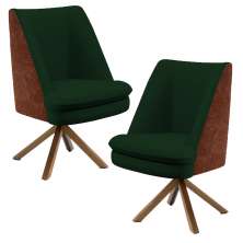 Kit 02 Poltronas Decorativa Base Giratória Pérsia D02 Veludo Verde Musgo C303 Corano Marrom B38 - Lyam Decor