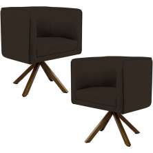 Kit 02 Poltronas Decorativa Base Giratória de Madeira Betina D02 Corano Marrom C-34 - Lyam Decor