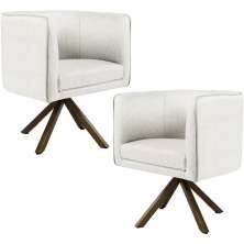 Kit 02 Poltronas Decorativa Base Giratória de Madeira Betina D02 Linho Bege B-443 - Lyam Decor