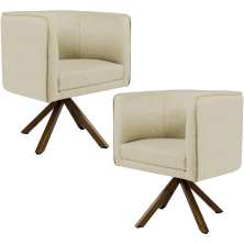 Kit 02 Poltronas Decorativa Base Giratória de Madeira Betina D02 Linho Bege C-129 - Lyam Decor