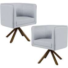 Kit 02 Poltronas Decorativa Base Giratória de Madeira Betina D02 Linho Cinza C-315 - Lyam Decor