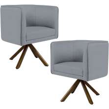 Kit 02 Poltronas Decorativa Base Giratória de Madeira Betina D02 Linho Cinza C-416 - Lyam Decor